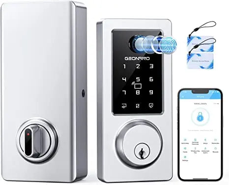 Keyless Entry Electronic Door Lock With Handle – Smart Keypad Lock, IC Card & Backup Keys, Reversible For Left/Right Doors, Silver Finish